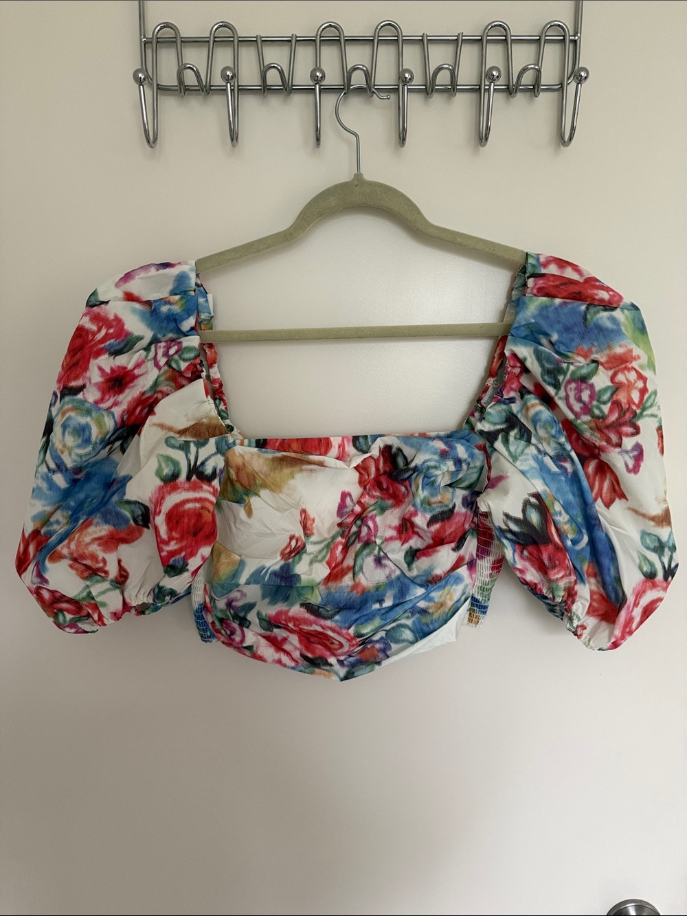 Amanda Uprichard White Multicolor Floral Puff Sleeve Crop Top with Square Neck